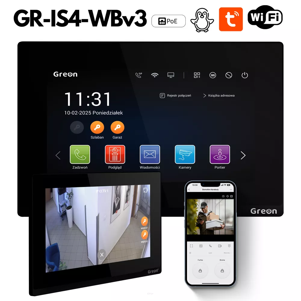 greon wideodomofon gris4wbv3 klasy premium  z wifi monitoringiem, pamiecią zdjęć i filmow obsługą przez telefon z tuja smart