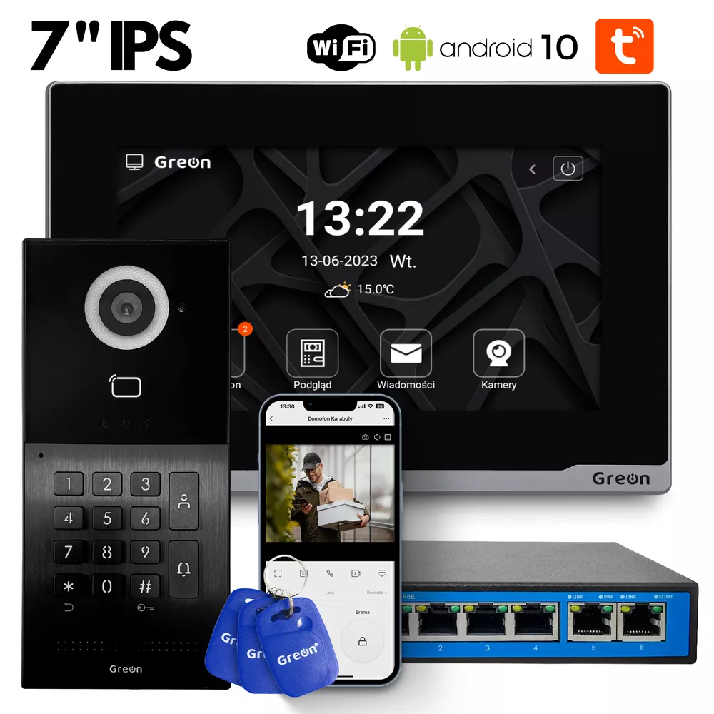 GR-OS10K(G) GR-IS2 IPS switch breloki Wideodomofon PREMIUM WiFi IP Greon, Android10, z Tuya, 16 CCTV, zdjęcia, filmy, natynkowy, z szyfratorem, czytnik 125KHz i 13,56MHz, brama i furtka, czarny