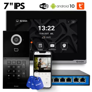 GR-OS10K(G) GR-IS2 IPS switch breloki Wideodomofon PREMIUM WiFi IP Greon, Android10, z Tuya, 16 CCTV, zdjęcia, filmy, natynkowy, z szyfratorem, czytnik 125KHz i 13,56MHz, brama i furtka, czarny