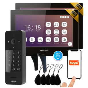 Zestaw wideodomofon 4-żyłowy WiFi jednorodzinny Nexwei 7" FULL HD IPS, obsługa przez telefon, klawiatura szyfrowa, czytnik,furtka, brama, 2 monitory, kolor czarny, daszek