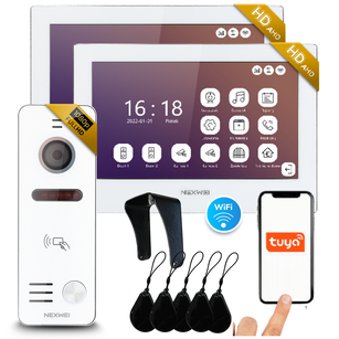 Zestaw wideodomofonowy 4-żyłowy jednorodzinny z WiFi Nexwei 7" FULL HD IPS, obsługa przez telefon, czytnik, furtka, brama, 2 monitory, aplikacja TUYA SMART, kolor biały