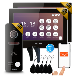 Zestaw wideodomofon 4-żyłowy WiFi jednorodzinny Nexwei 7" FULL HD IPS, obsługa przez telefon, aplikacja TUYA, czytnik furtka, brama, 2 wideomonitory, kolor czarny