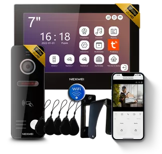Zestaw wideodomofon 4-żyłowy WiFi jednorodzinny Nexwei 7" FULL HD IPS, obsługa przez telefon,czytnik furtka, brama, 4-żyłowy