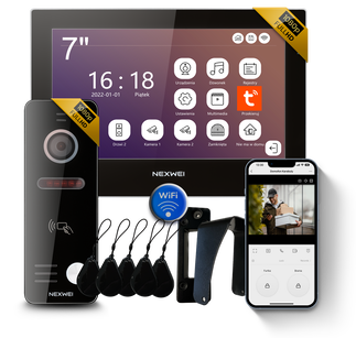 Zestaw wideodomofon 4-żyłowy WiFi jednorodzinny Nexwei 7" FULL HD IPS, obsługa przez telefon, aplikacja TUYA, czytnik furtka, brama, kolor czarny