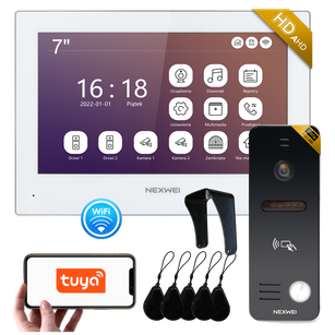 Zestaw wideodomofon 4-żyłowy  WiFi jednorodzinny Nexwei 7" FULL HD IPS, obsługa przez telefon, czytnik, furtka, brama, system 2 żyłowy
