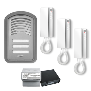 Zestaw domofonowy, analogowy KEN-3 ELFON, trzyrodzinny, unifon, zasilacz, srebrny szary