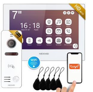 Zestaw wideodomofonowy 4-żyłowy z WiFi Nexwei 7" FULL HD IPS, obsługa przez telefon, aplikacja TUYA czytnik, furtka, brama, kolor biały