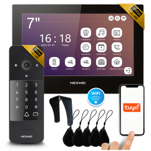 Zestaw wideodomofon 4-żyłowy WiFi jednorodzinny Nexwei 7" FULL HD IPS, obsługa przez telefon, klawiatura szyfrowa, czytnik,furtka, brama